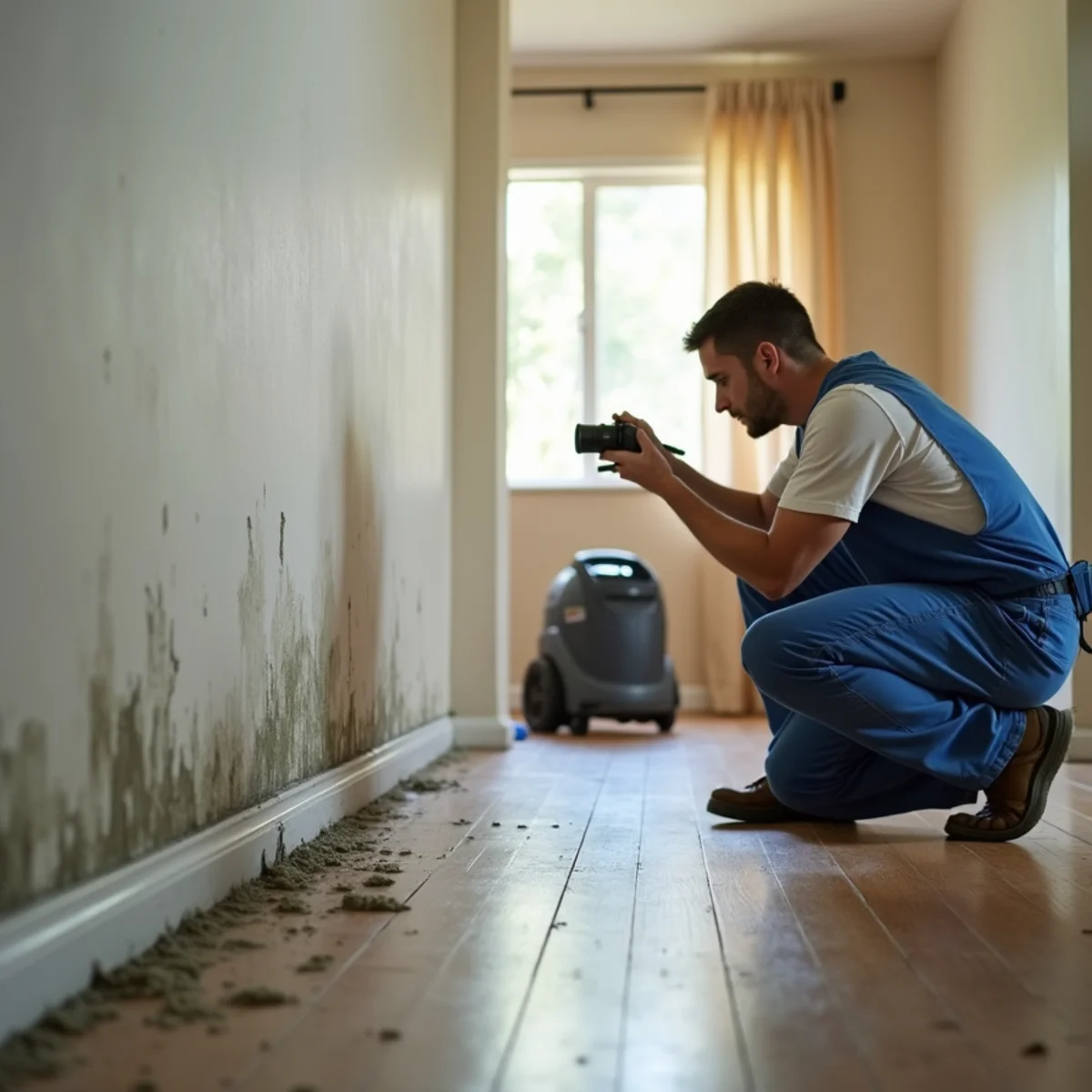 Homeowner photographing a wet baseboard with early mold growth after a slab leak in a Buena Park ranch home