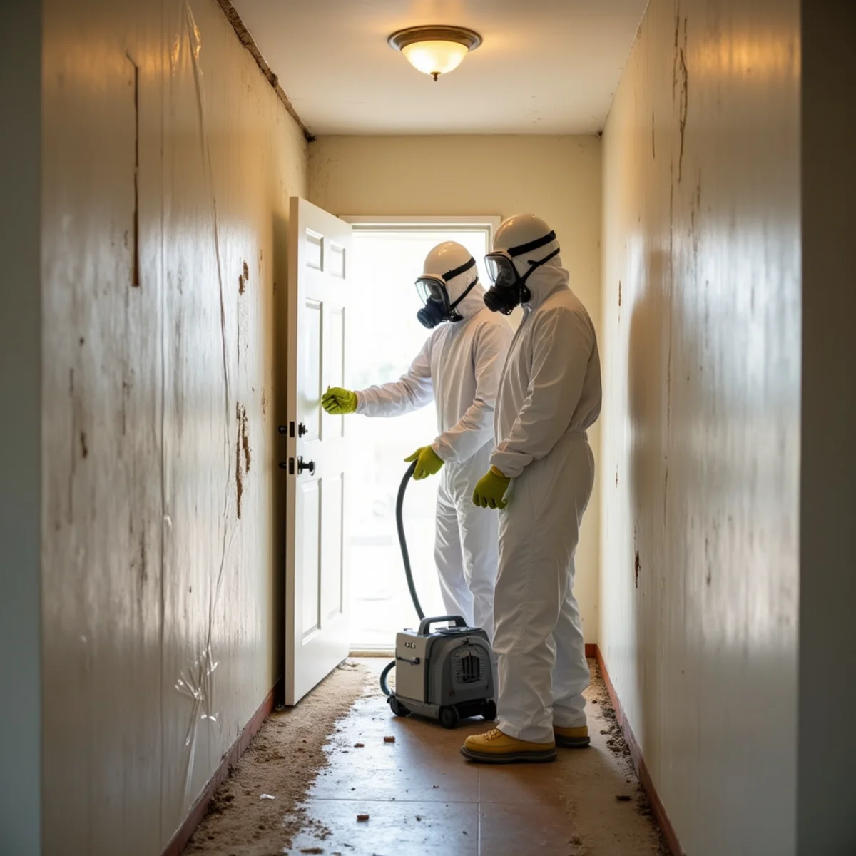 Mold remediation crew setting up plastic containment and a HEPA air scrubber in a Buena Park ranch home hallway